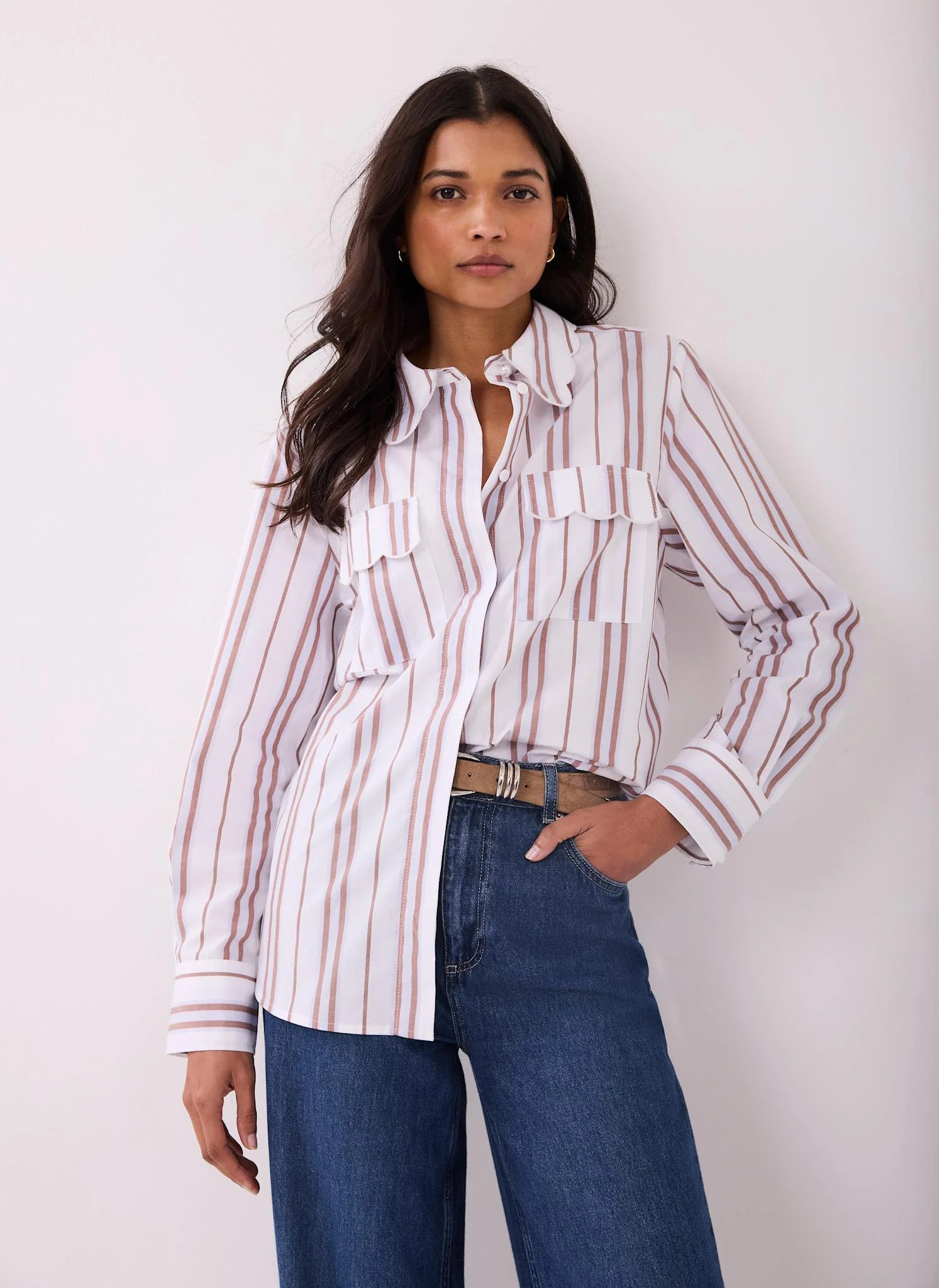 Brown Striped Cotton Scallop Detail Shirt | Mint Velvet