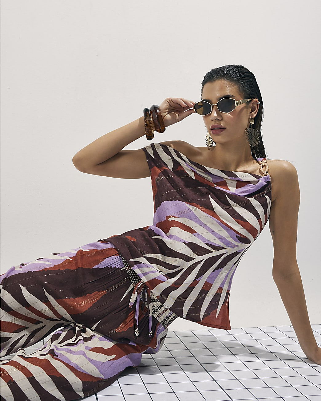 Brown Leaf Print Chain Strap Top | River Island UK & IE