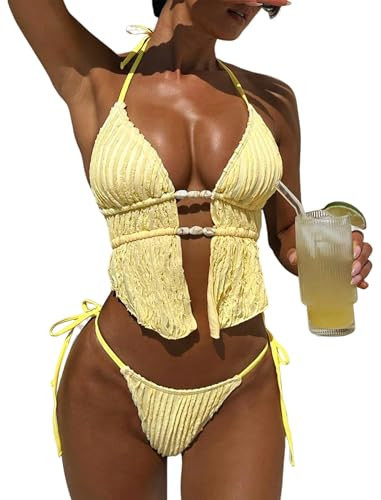 ZAFUL Halter Bikini Sets for Women Textured Backless Two Piece Swimsuit Cheeky High Cut String Tie Side Bathing Suits 0-Yellow S | Amazon (US)