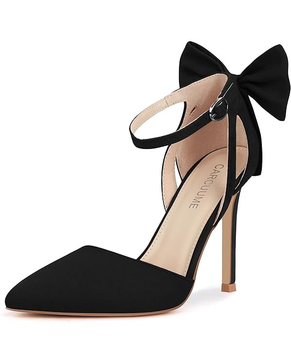 Carcuume Womens Bow Tie Back Heels Close Toe Pumps Stiletto High Heels Wedding Shoes Ankle Strap ... | Amazon (US)