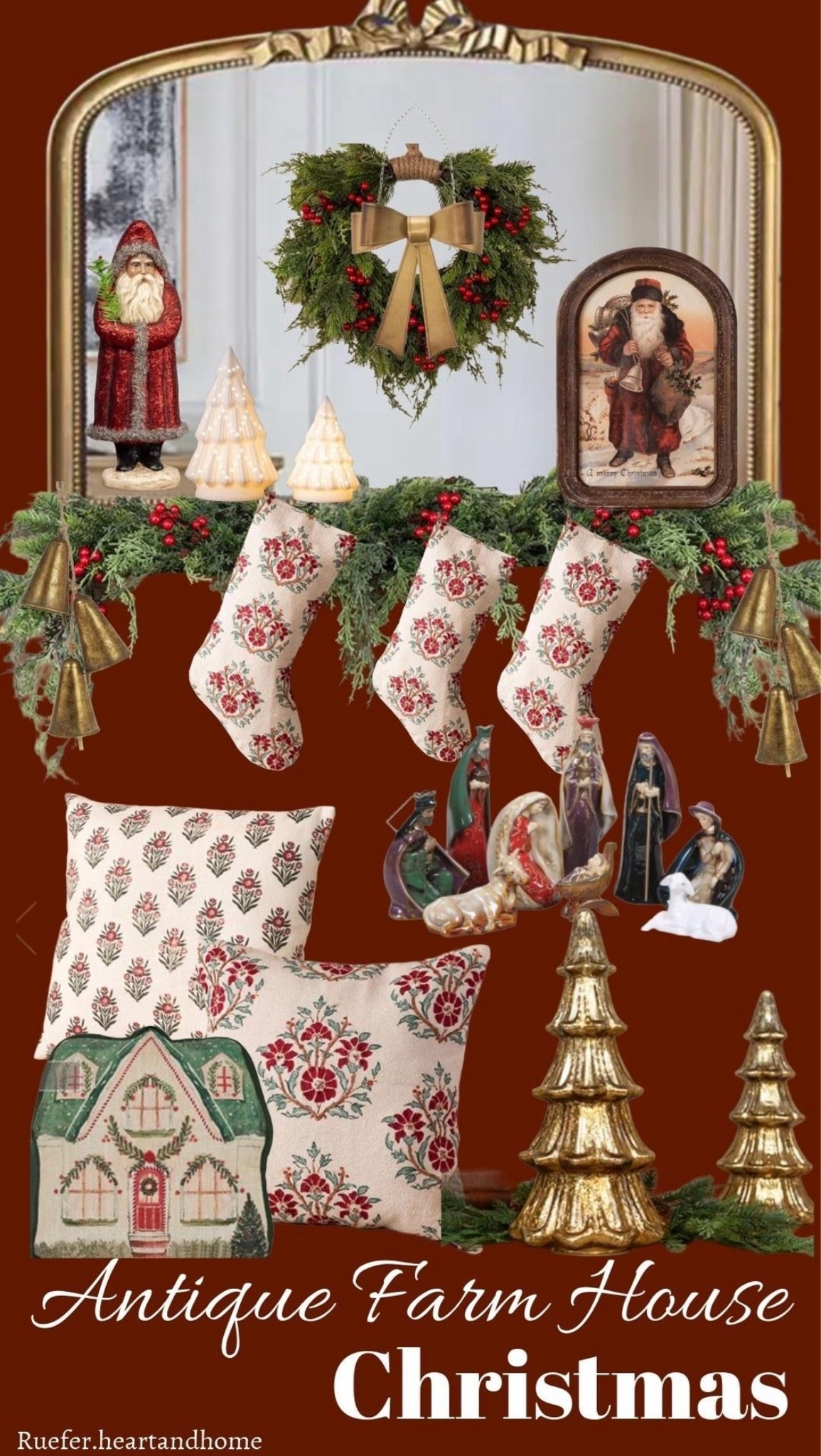 Sharing last years Christmas mantle decor. I’m hoping to switch it up just a bit this year, but still don’t have a plan. However, most of these pieces are still available and I enjoyed this look so much. Christmas garland, Christmas wreath, ceramics table top nativity, stockings, block print pillow, Christmas pillows, cottage house pillow, light of glass trees, Santa art, bells, gold bow mirror

#LTKSeasonal #LTKHome #LTKSaleAlert