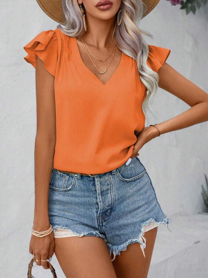 SHEIN VCAY Solid Butterfly Sleeve V Neck Blouse | SHEIN