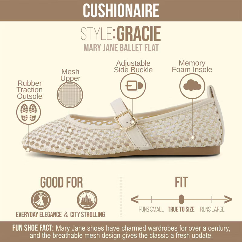 CUSHIONAIRE Gracie Mesh Mary Jane Flats for Women, Breathable Ballet Flats with Adjustable Buckle Strap and Memory Foam Cushioning, NATURAL 8 | Target