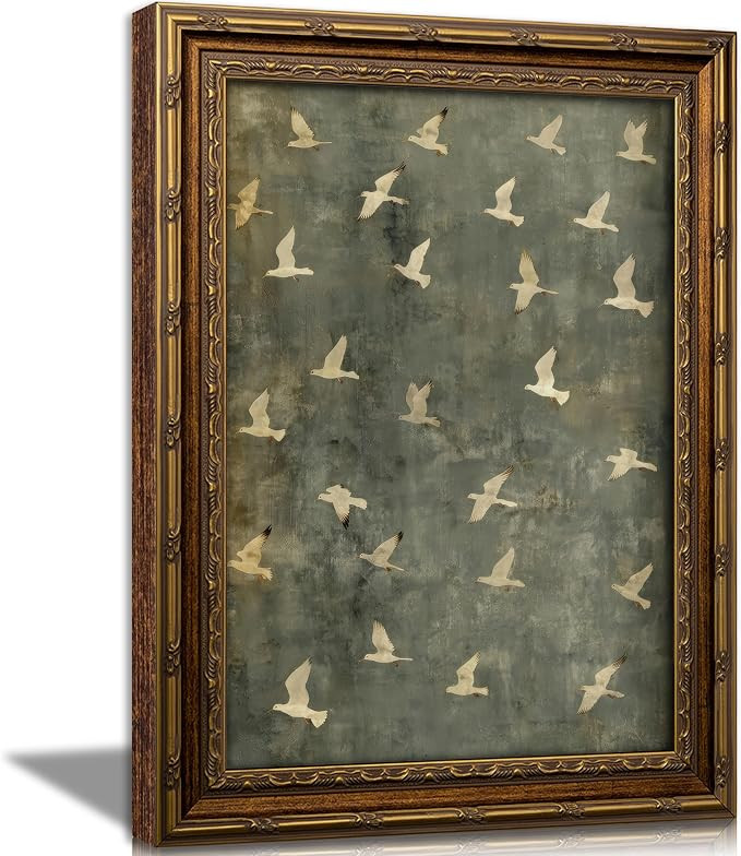 Vintage Gold Framed Flying Birds Wall Art, Retro Muted Green Seagull Canvas Print, Flock of Seagu... | Amazon (US)
