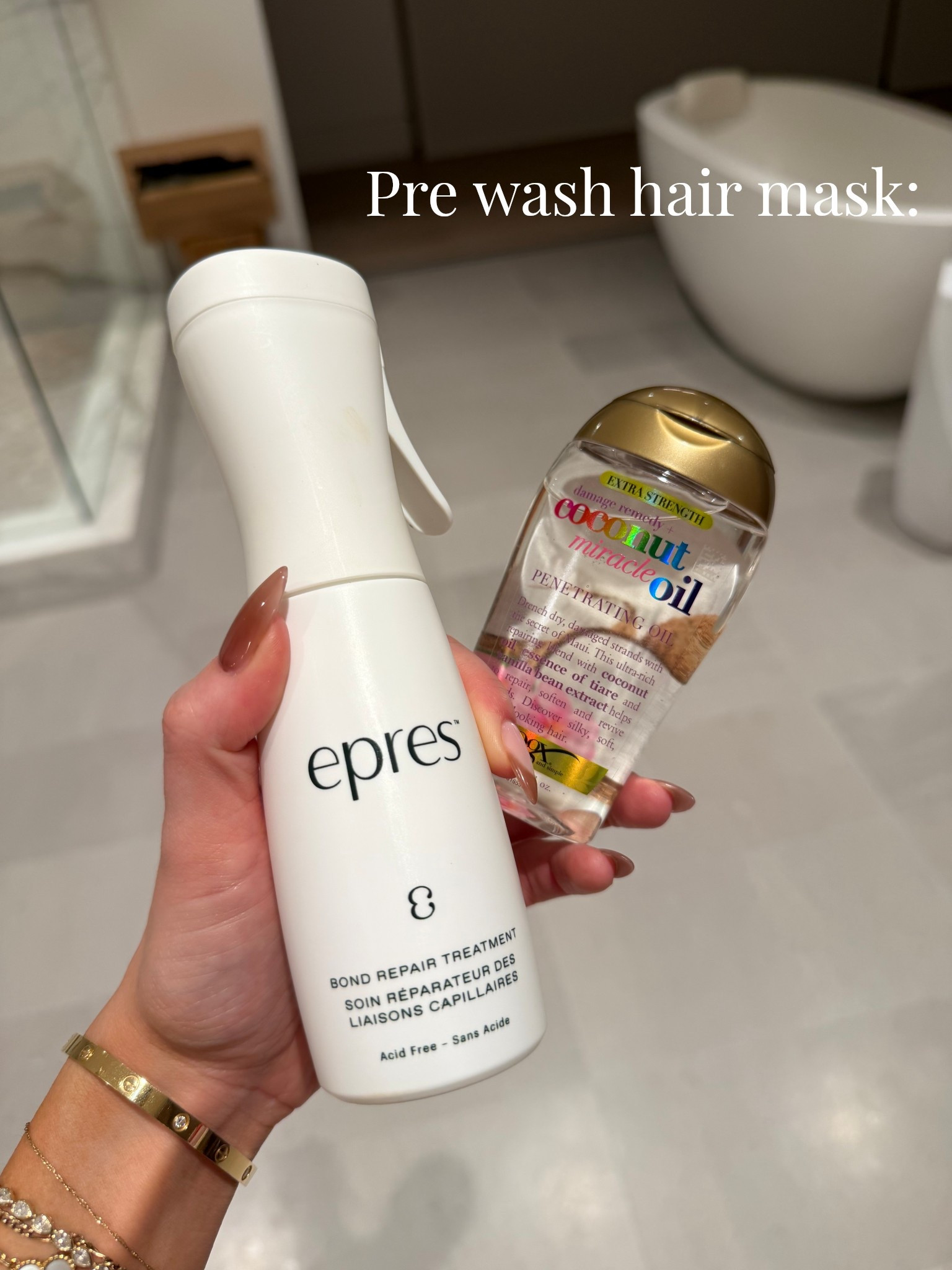 Pre wash hair mask for growth + repair: 
1. Bonding treatment spray on dry hair 30+ min before wash or before coconut oil 
2. Coat my hair in coconut oil overnight or at least 30 min before shower 