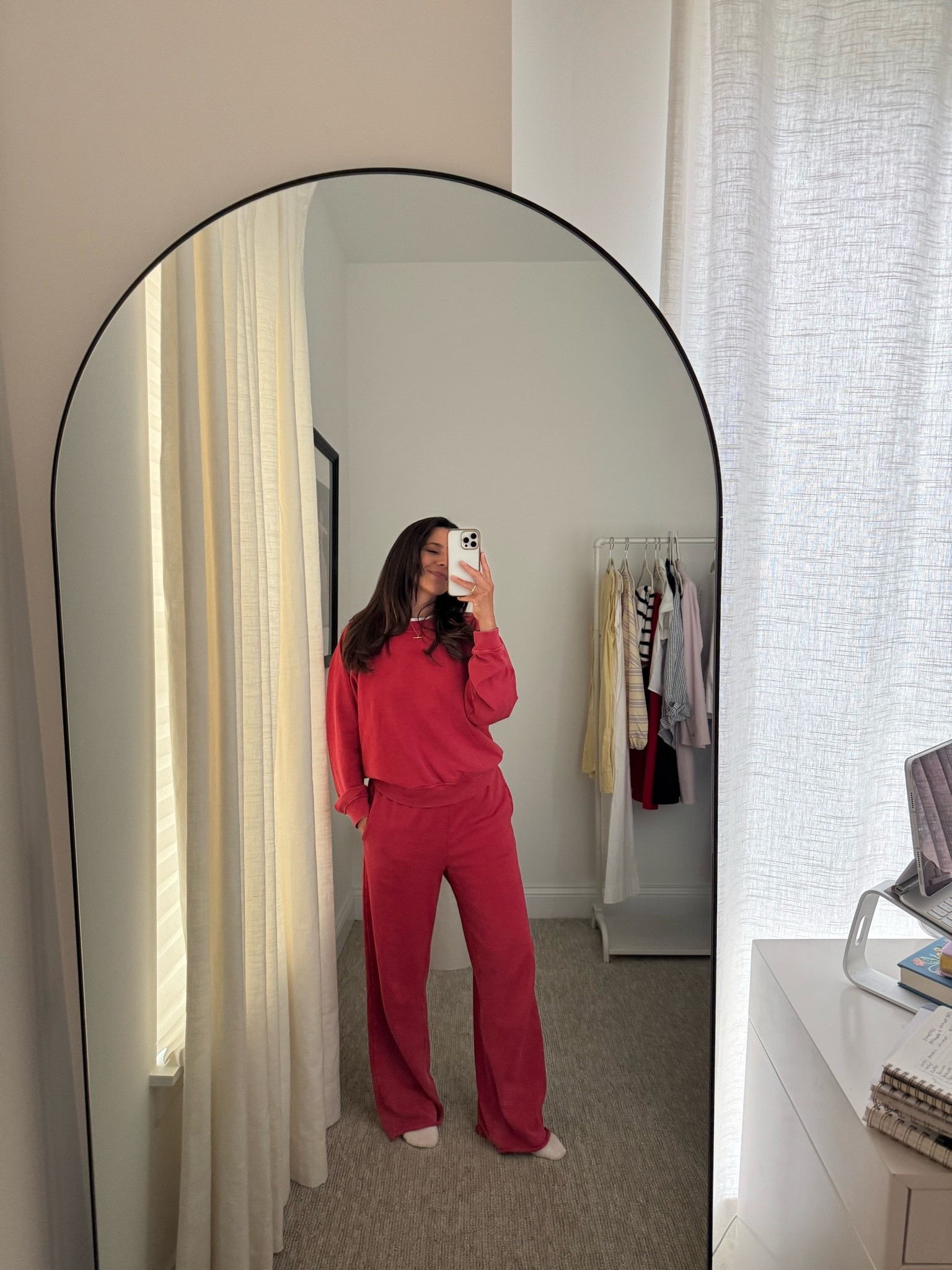 Wearing xs in pants. They seem to run big in the waist. They fit great at length. Wearing small in sweatshirt.