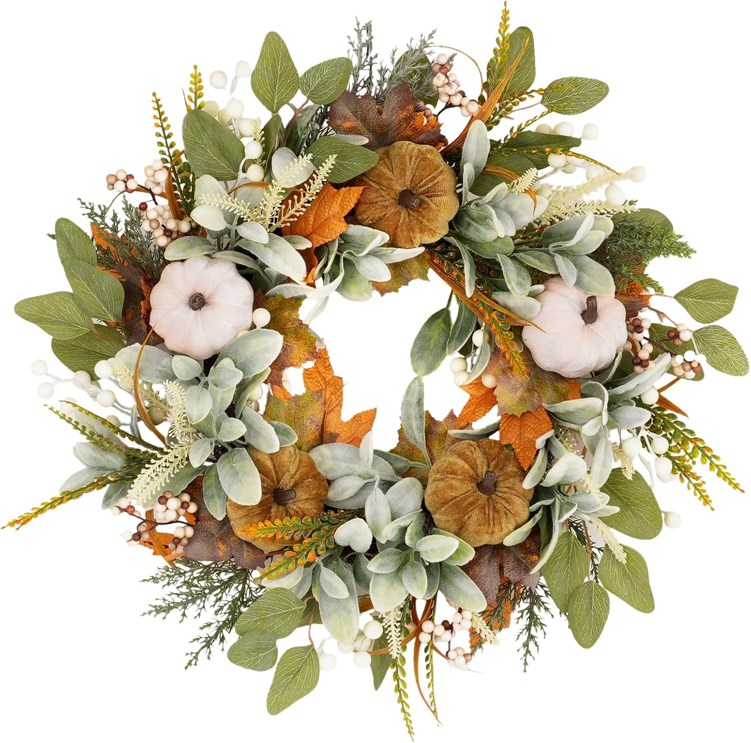 22 inch Fall Wreaths for Front Door, with Artificial Eucalyptus 5 Large Velvet Pumpkin Porch for Home Autumn Thanksgiving Farmhouse Holiday Outdoor Decor | Amazon (US)