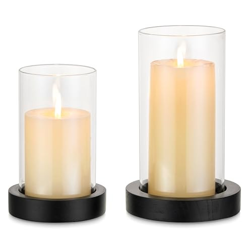 NUPTIO Wooden Candle Holders Pillar: Black Candle Tray with Round Hurricane Glass Vase - Set of 2 Cylinder Floating Candleholder for Home Halloween Thanksgiving Seasonal Decor | Amazon (US)