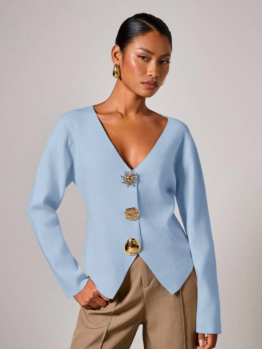 COSMINA Women's Elegant Metal Button V-Neck Cardigan Sweater, Autumn/Winter, Blue Cardigan, Cardi... | SHEIN