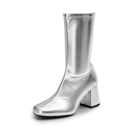 DREAM PAIRS Women's Mid Calf Gogo Boots Low Block Heel Square Toe Ankle Boot with Zipper for Party Cosplay Dance,Size 10,Metallic Silver,SDMB2301W-1 | Amazon (US)
