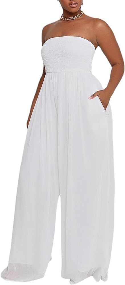 Women's Sexy Off Shoulder Elastic Smocked Wide Leg Jumpsuit Strapless Tube Top Flare Long Pants R... | Amazon (US)