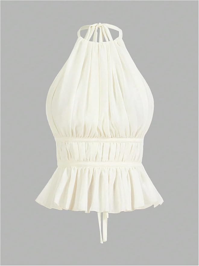 Women's Y2K Ruched Halter Top Tie Backless Cami Ruffle Hem Sexy Tank Tops | Amazon (US)