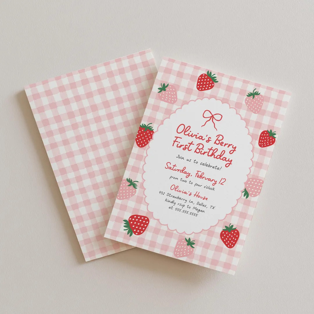 Strawberry 1st Birthday Invitation Template, Editable Pink Gingham Girl Berry First Birthday Invi... | Etsy (US)