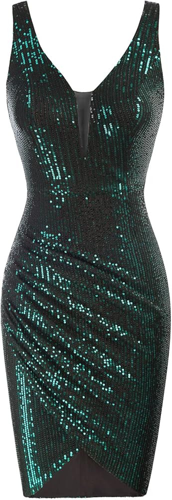 GRACE KARIN Women Deep V Neck Party Mini Dress U Back Sequin Irregular Hem Evening Dress | Amazon (US)