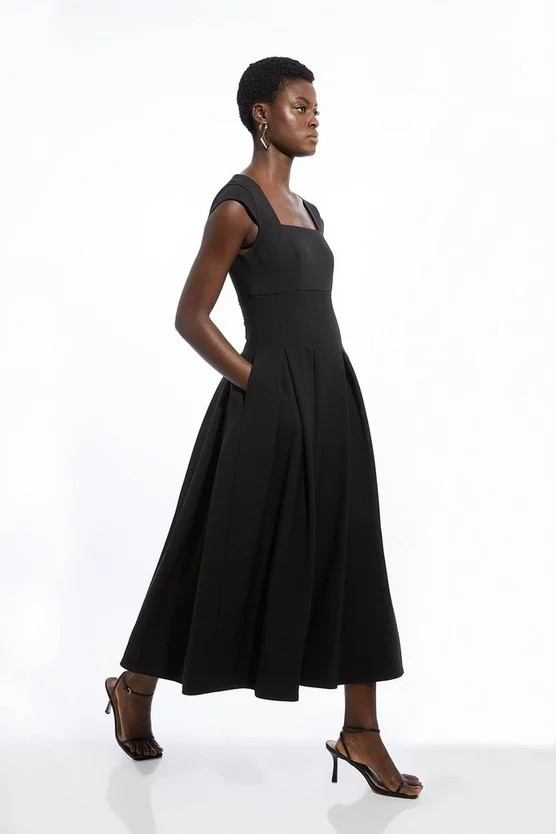 Clean Tailored Square Neck Full Skirted Midi Dress | Karen Millen UK + IE + DE + NL