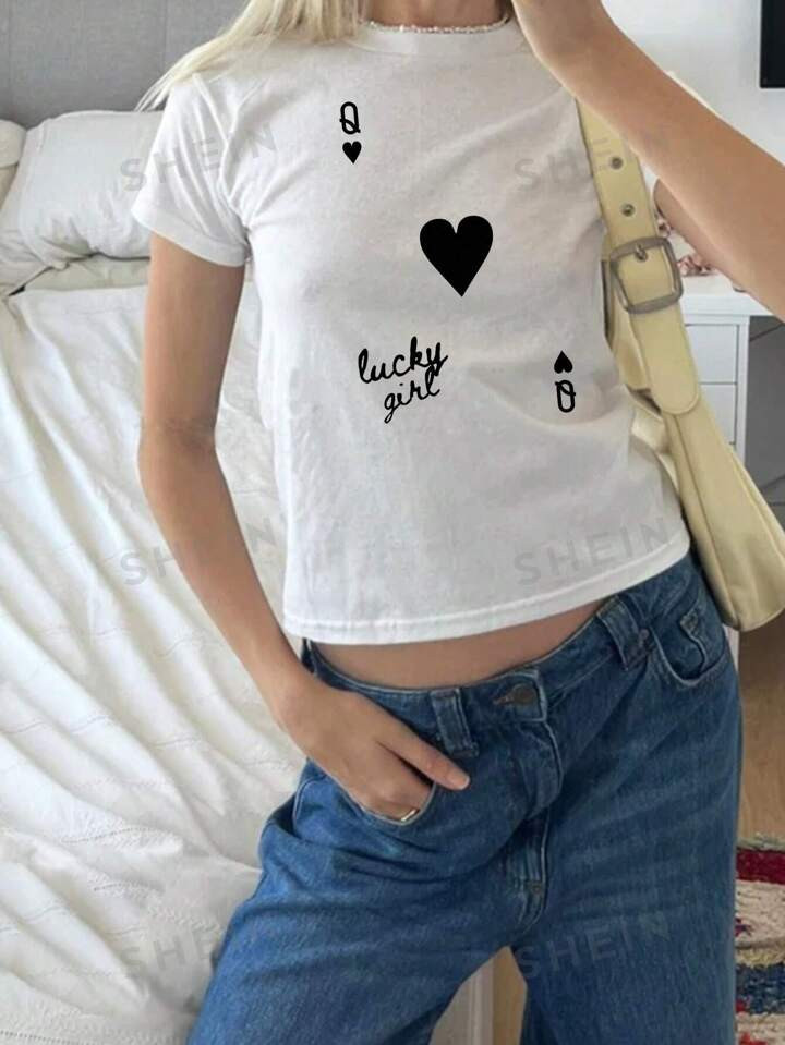 SHEIN EZwear Y2k Heart & Letter Print Cropped T-Shirt For Summer | SHEIN