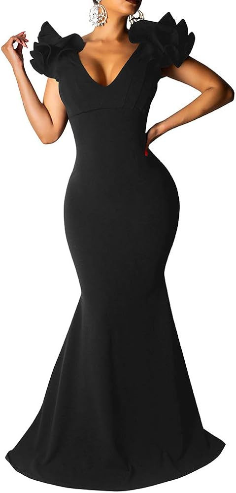 BEAGIMEG Women's Sexy Ruffle Sleeve Elegant V Neck Backless Evening Formal Maxi Dress | Amazon (US)