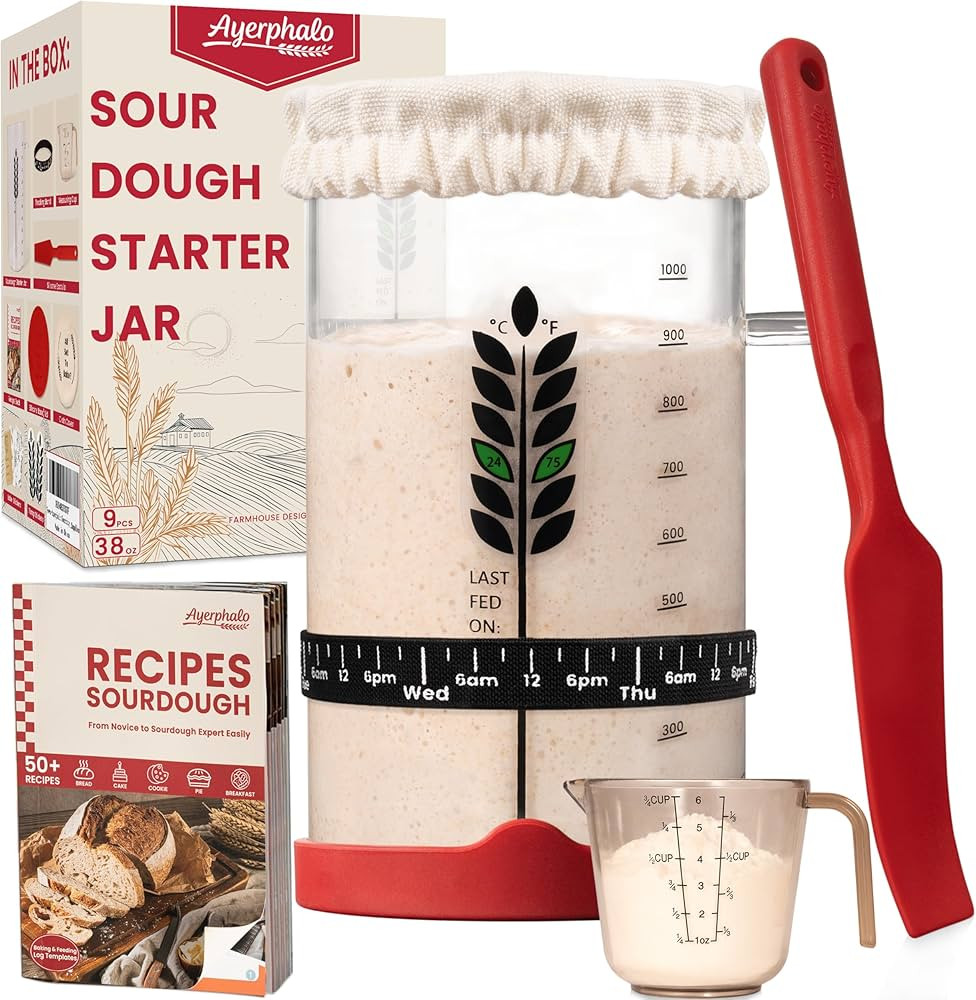 Sourdough Starter Kit - 38oz, with Cookbook, Measuring Cup, Spatula, Wide Mouth Jar Cover, Thermo... | Amazon (US)
