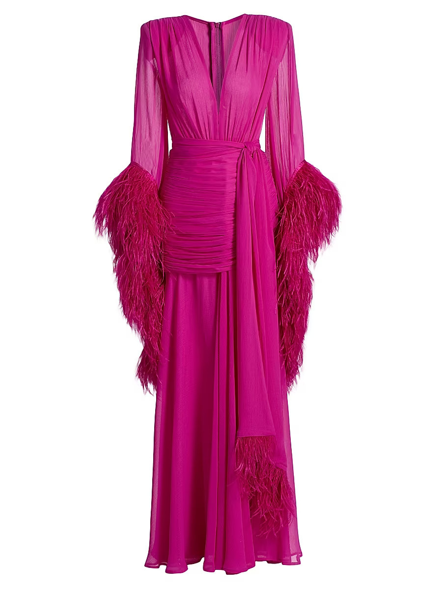 Women's Geisha Feather-Trim Chiffon Gown - Pink - Size Medium | Saks Fifth Avenue