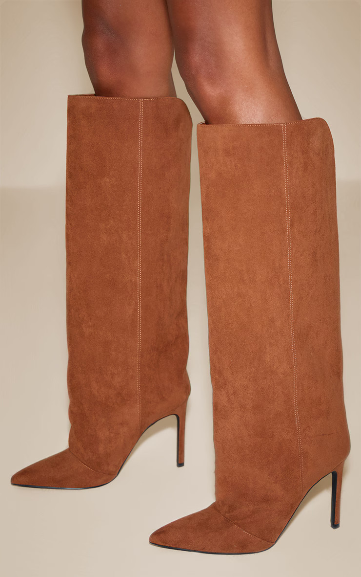 Tan Faux Suede Ruched Knee Boots | PrettyLittleThing UK