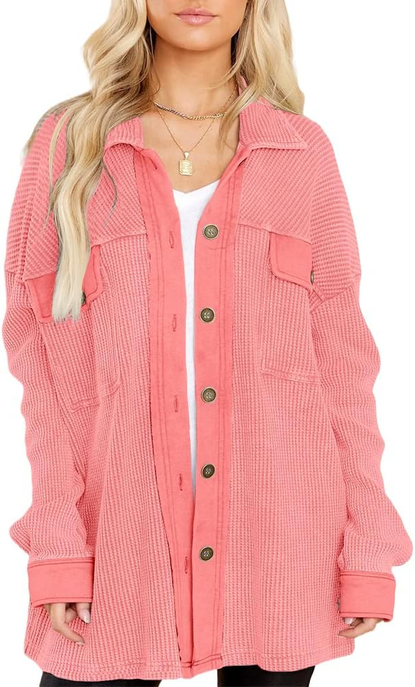Ferrtye Womens Casual Button Down Shirts Long Sleeve Oversized Shacket Jackets with Pockets | Amazon (US)