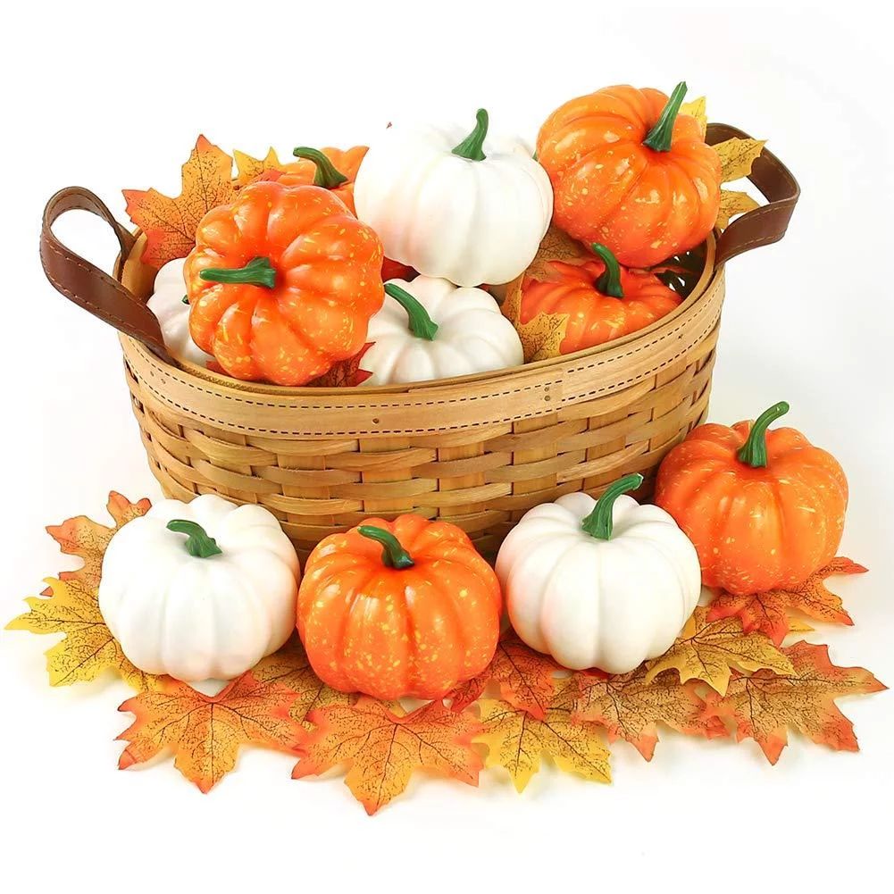 DomeStar Artificial Pumpkins for Decoration, 12PCS Mini Fake Pumpkins with 30PCS Lifelike Maple L... | Walmart (US)