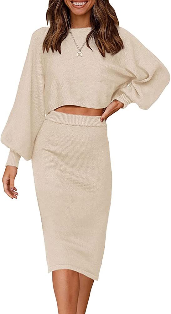 ZOWODO Women's Casual Two Piece Solid Color Ribbed Knit Long Sleeve Tops and Bodycon Midi Skirt Swea | Amazon (US)