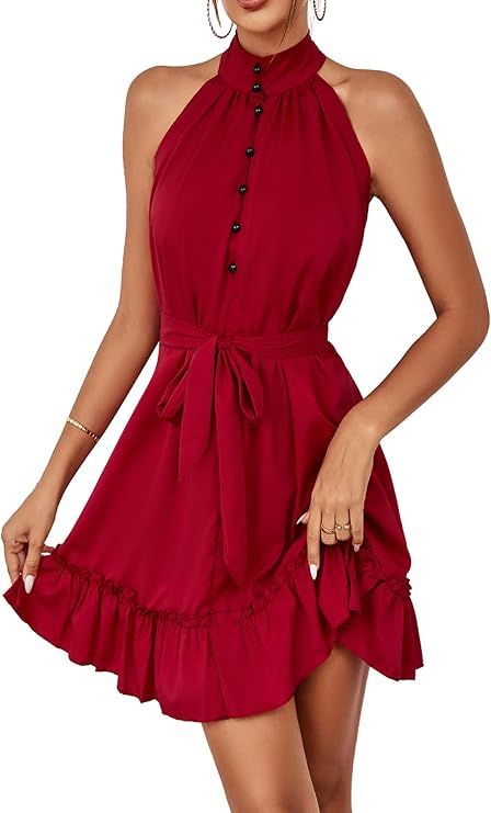 LYANER Women's Mock Neck Button Front Ruffle Belt Sleeveless Flowy A line Party Dress | Amazon (US)