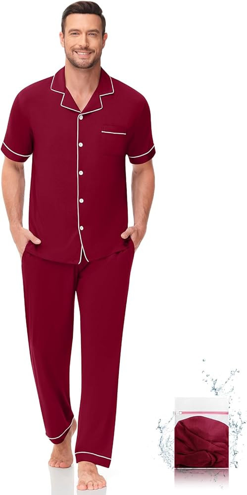 Men Pajamas Set Two Pieces Short Sleeve Sleepwear Button Down Loungewear Set Soft Modal Pj Set wi... | Amazon (US)
