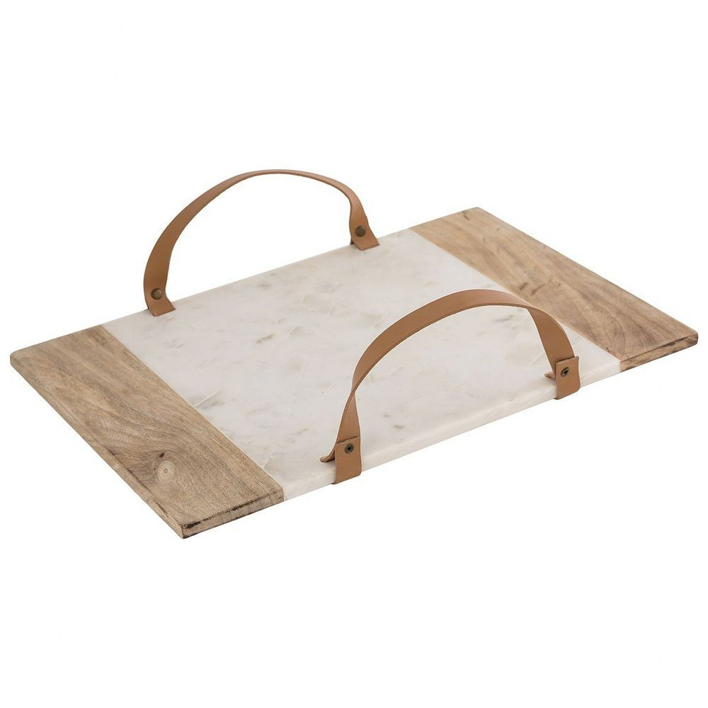 Rectangular Wood/White Marble Tray With Leather Handles In Brown/Mango Wood/White - Serving Stand... | Walmart (US)