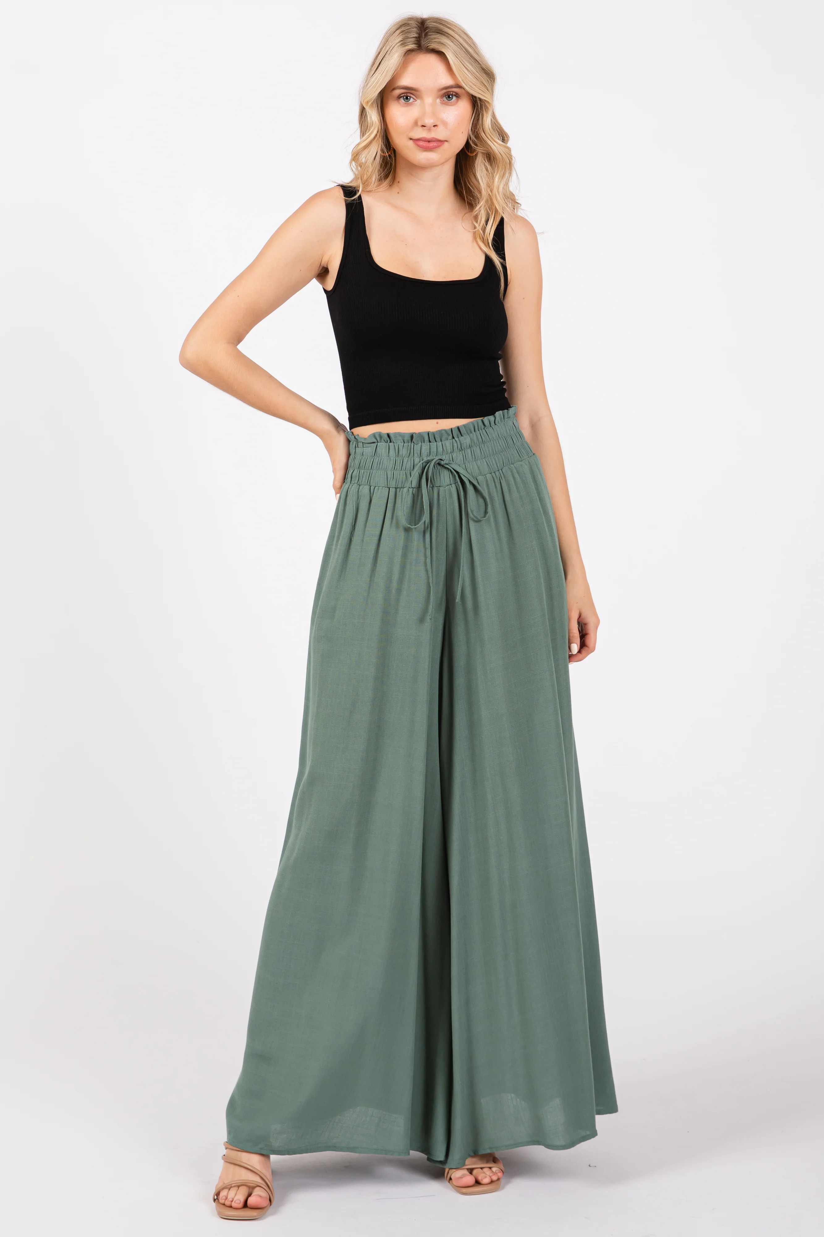 Olive Wide Leg Smocked Lightweight Pants - Large | PinkBlush Maternity
