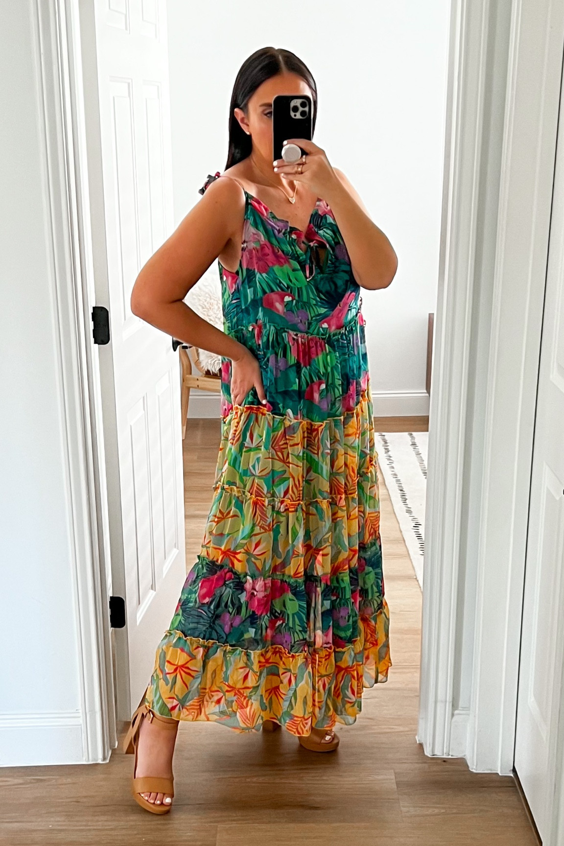 Red Dress In The Picture Turquoise Blue Multi Floral Print Maxi Dress wearing size small. Kendra Scott Ari Heart Gold Pendant Necklace. Chinese Laundry Women's Go on Super Suede Sandal size 9  