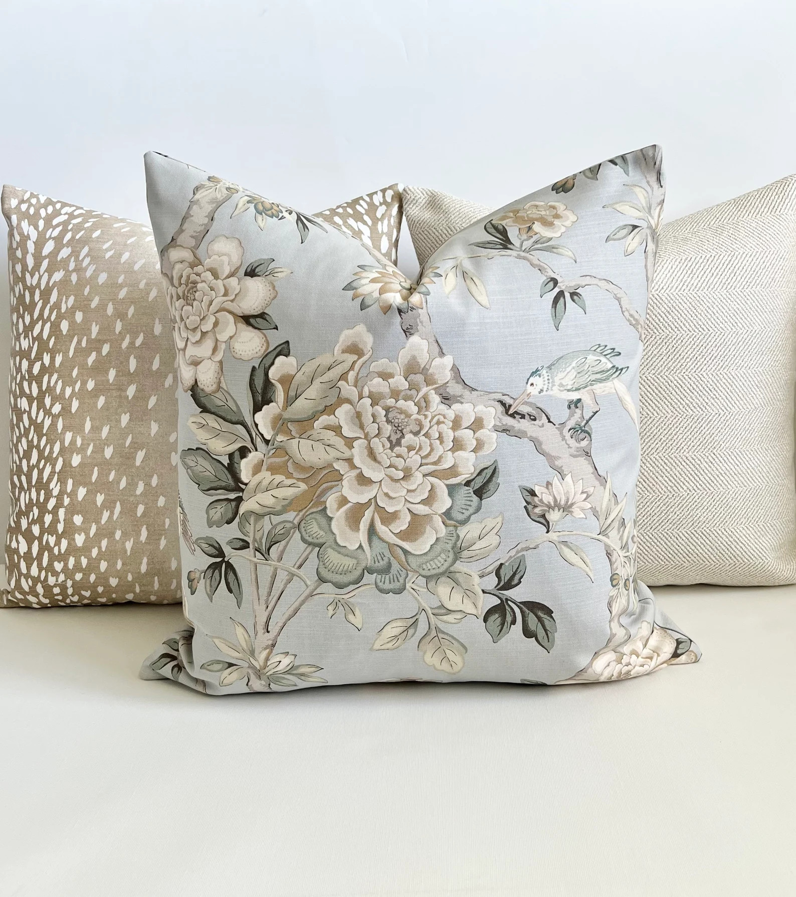Light gray, beige and green bird floral decorative pillow cover | Etsy (US)