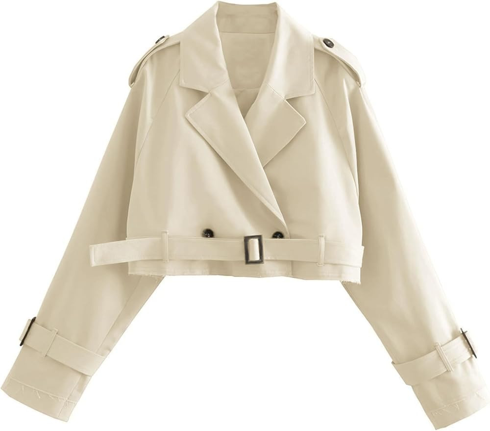 Xiaoxuemeng Womens Cropped Bike Jacket Casual Double Breasted Trench Coat with Belt | Amazon (US)