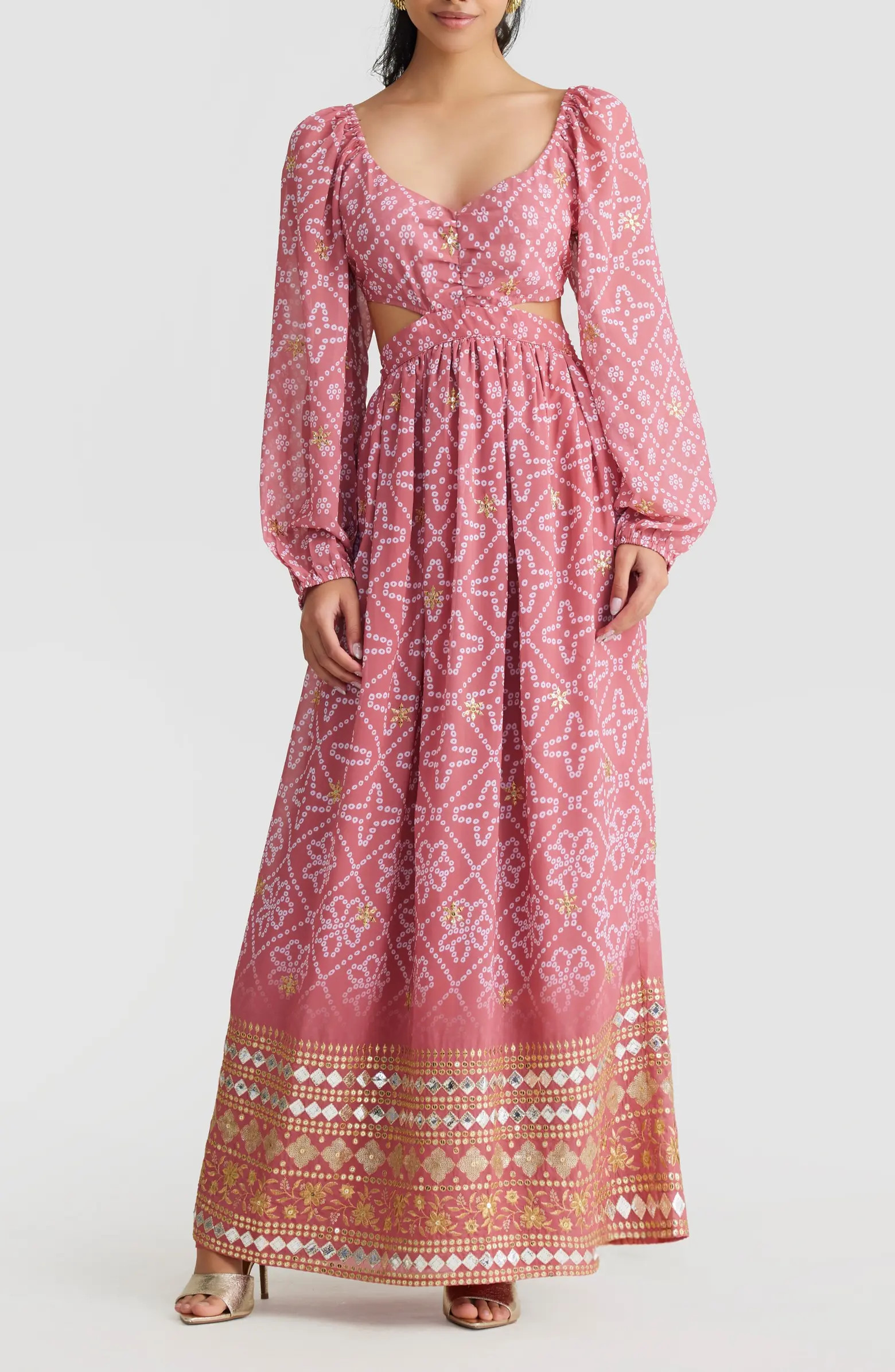 Eden Beaded Bandhani Print Long Sleeve Maxi Dress | Nordstrom