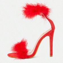 Womens Red Round Toe Fashionable Stiletto High Heel Shoes With Feather Decoration Suitable For Party Occasions | SHEIN