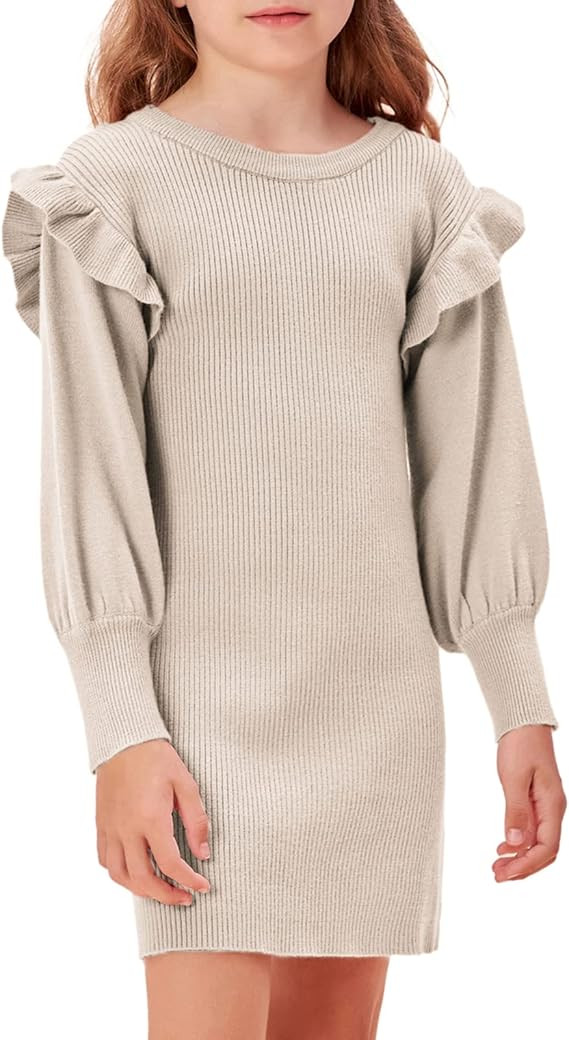 Girls Crew Neck Sweater Dress Lantern Sleeve Dress Knit Ruffled Dress Size 5-12 | Amazon (US)