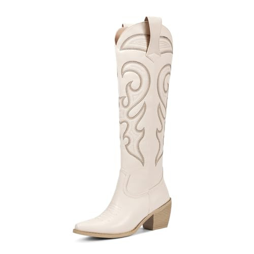 wetkiss White Knee High Cowboy Cowgirl Boots for Women, Western Boots Women with Zipper Pointed Toe, Tall Block Heel Retro, Embroidered, Classic | Amazon (US)