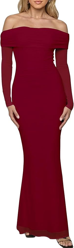 BORIFLORS Women's Elegant Off The Shoulder Bodycon Long Sleeve Maxi Dress Mesh Cocktail Party Wed... | Amazon (US)