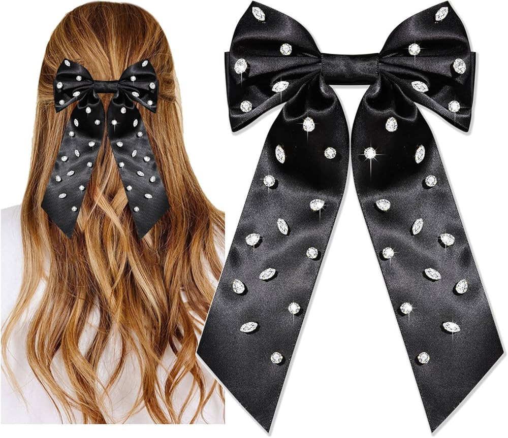 Rhinestone Hair Bows for Women Silky Satin Large Hair Bow Clips Coquette Hair Ribbons Crystal Che... | Amazon (US)