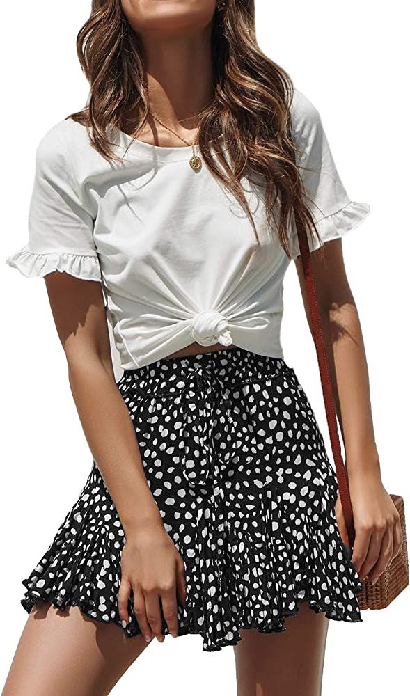 Women's Flared Short Skirt Polka Dot Pleated Mini Skater Skirt with Drawstring | Amazon (US)