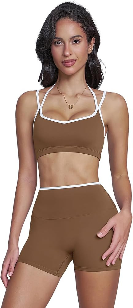 OMEWEE Workout sets for women 2 piece: Fashion contrasting lines Sports Bra and Tummy Control Butt-lifting Shorts | Amazon (US)