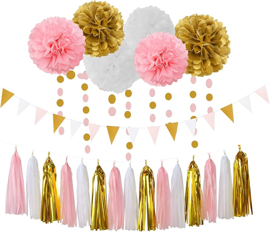 Pink-White Gold Girl Birthday Party-Decorations - 23pcs Kits Tissue Paper Pom Poms Streamers,Prin... | Amazon (US)