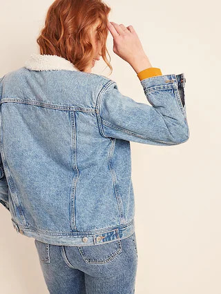 Oversized Sherpa-Lined Boyfriend Jean Jacket for Women | Old Navy (US)