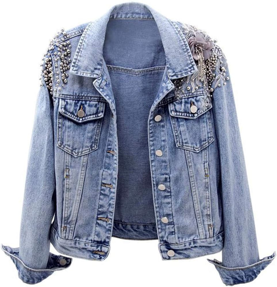 Kedera Women's Denim Jacket Long Sleeve Western Rivet Studded Washed Pearl Short Jean Coat | Amazon (US)