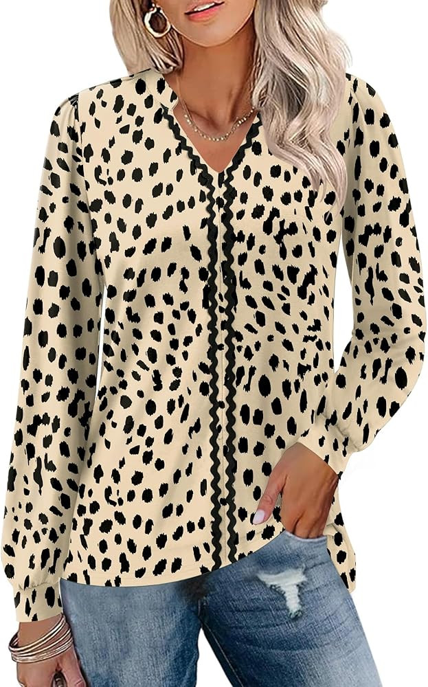 Micoson Womens Notch V Neck Puff Long Sleeve Tops Contrast Color Work Tunic Blouses Fall Fashion ... | Amazon (US)