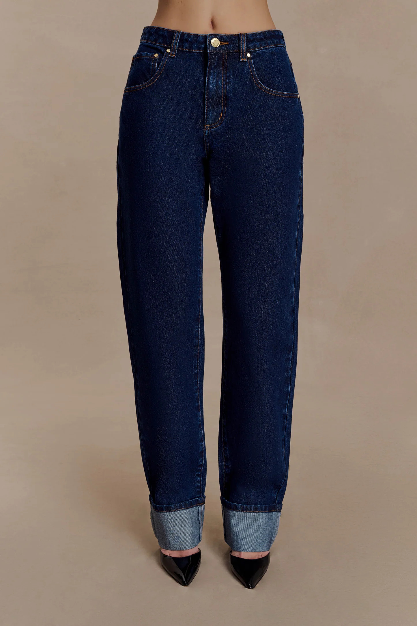 Straight Leg Cuffed Jeans - Indigo Blue | MESHKI US