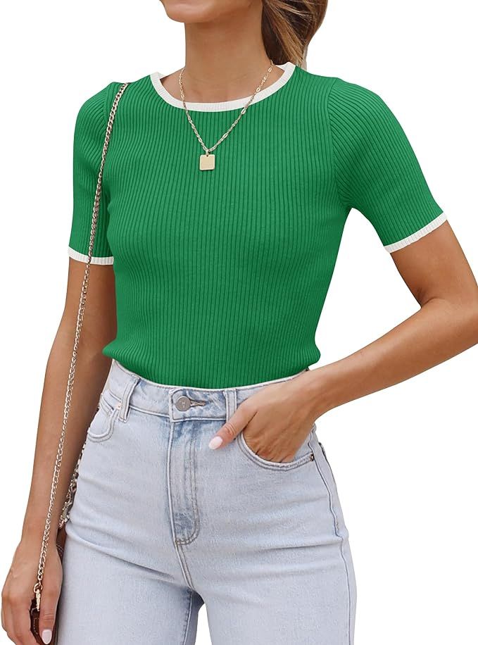 ZESICA Women's 2024 Summer Short Sleeve Crewneck T Shirt Ribbed Knit Slim Fit Color Block Basic T... | Amazon (US)