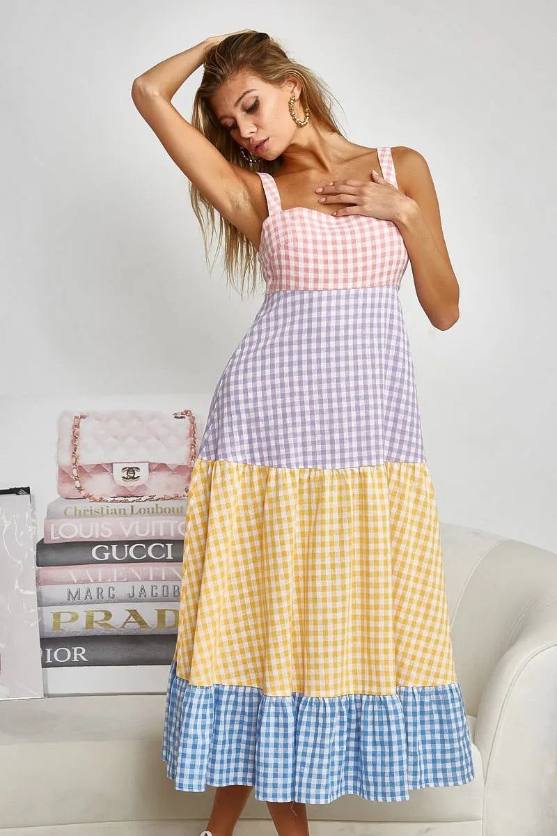 Color Block Tiered Gingham Dress YELLO/SAGE/BLUE/PURP / S | Casual Chic Boutique