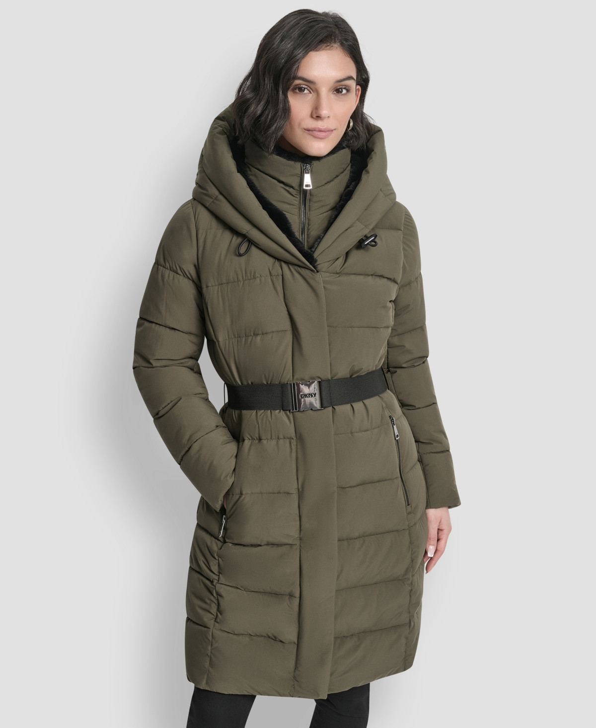 Dkny Women's Belted Asymmetrical Zip Front Puffer Coat - Loden | Macy's